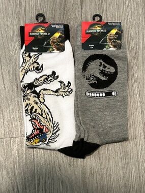 2/$8NWT Men's Jurassic World Crew Socks - White & Gray Dino Design (2-Pack)